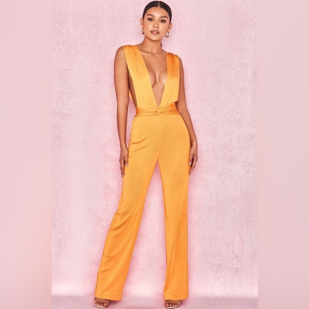 HOUSE OF CB 'Benedetta' Tangerine Bandage Plunge Neck Jumpsuit NWOT - Picture 2 of 12